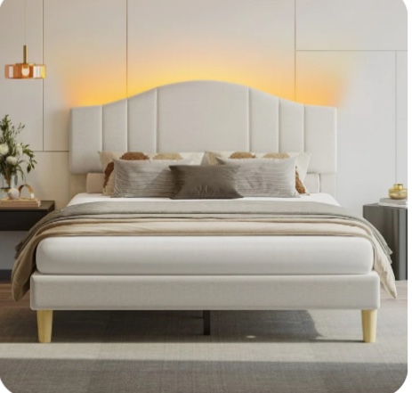 Pinmoco Queen Upholstered Bed Frame with Adjustable Arc-shaped Headboard, LED Platform Bed, Beige Fabric