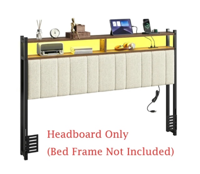 pinmoco upholstered headboard for queen bed with storage, linen head board with led light and charging station, beige, headboard only(bed frame not included)