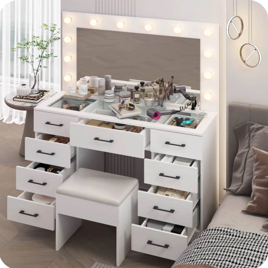 ktaxon large makeup vanity, get ready with me grwm vanity table set w/ visible glass top w/ charging station, white