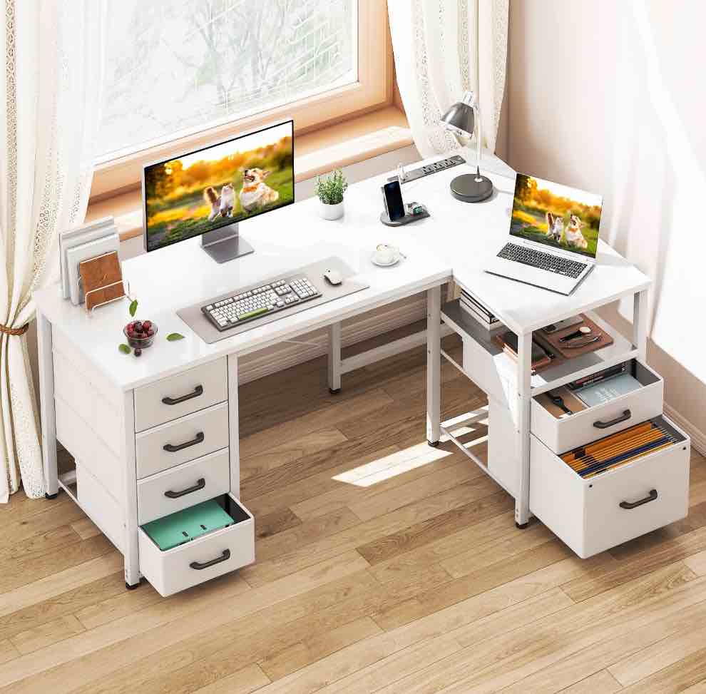 casacomoda 55 inch computer desk with 5 drawers and file cabinet for storage, office desk with storage shelf & power outlets, home office desks, white