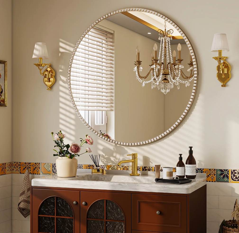 BEAUTYPEAK 32" Round Bathroom Mirror Vanity Mirror Wall Mounted With Beaded Frame,Silver