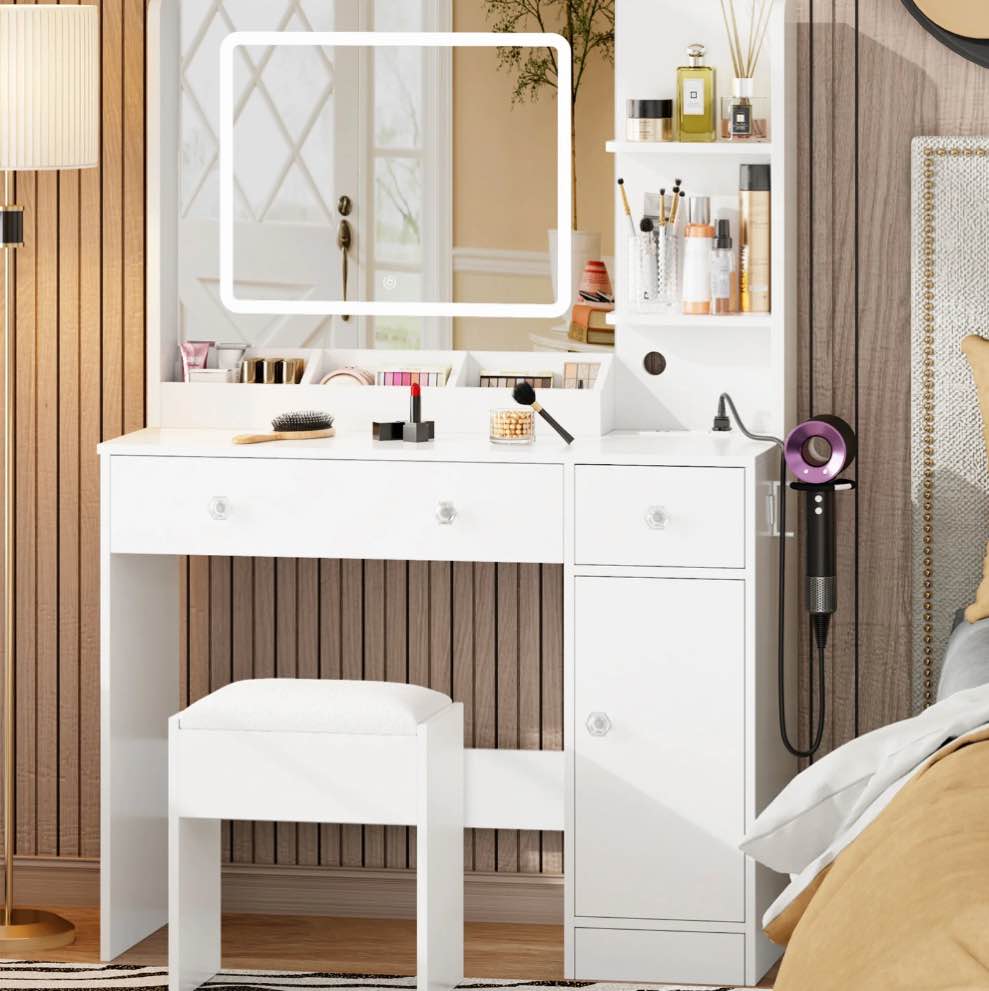 Satifur White Vanity Desk Set with Mirror and Lights, Makeup Table with Charging Station, Comfortable Bench, Big Vanity with 3 Storage Compartments, 39.4in