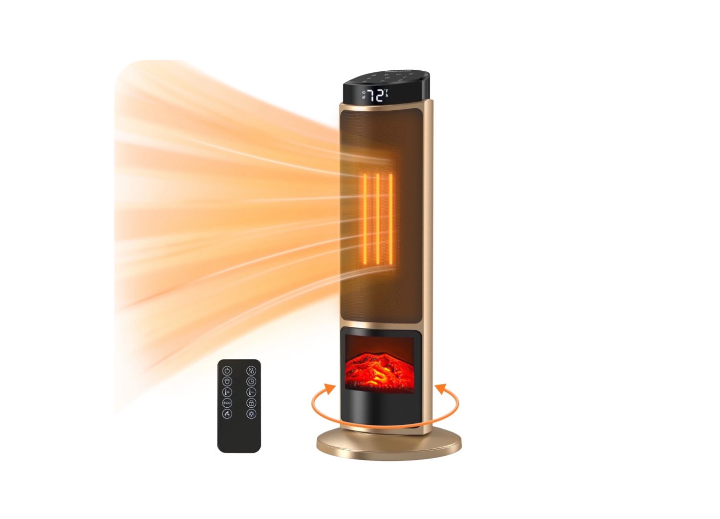 EDX 1500W Space Heater for Indoor Use, 23" Electric Heater with 7 Light Colors, 70° Oscillation, Adjustable Thermostat & Remote, Tip-Over Protection, Gold