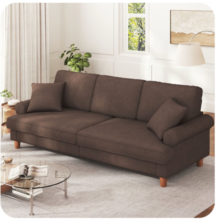 87" Sofa Couch, Comfy Extra Deep Seat 3 Seater Couch for Living Room with Soft Upholstered Round Arms,Free 2 Pillows,Brown