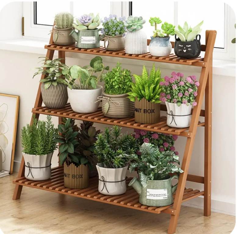 3-Shelf Flower Stand Plant Display for Indoors and Outdoors, Foldable Plant Stand, Portable Flower Display Rack for Garden, Bamboo,Brown