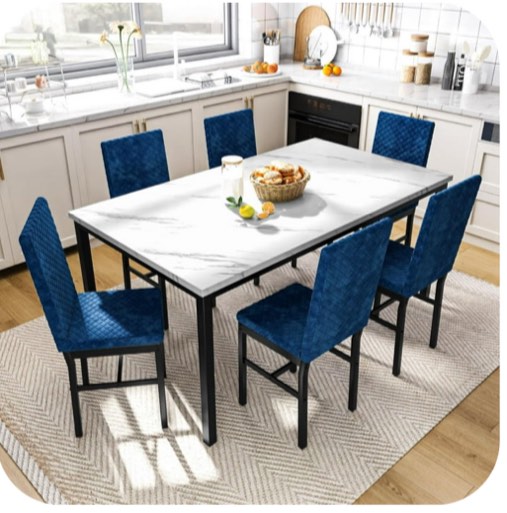 LTTROMAT 7-Piece Dining Set, Faux Marble Table with Velvet Chairs, Blue