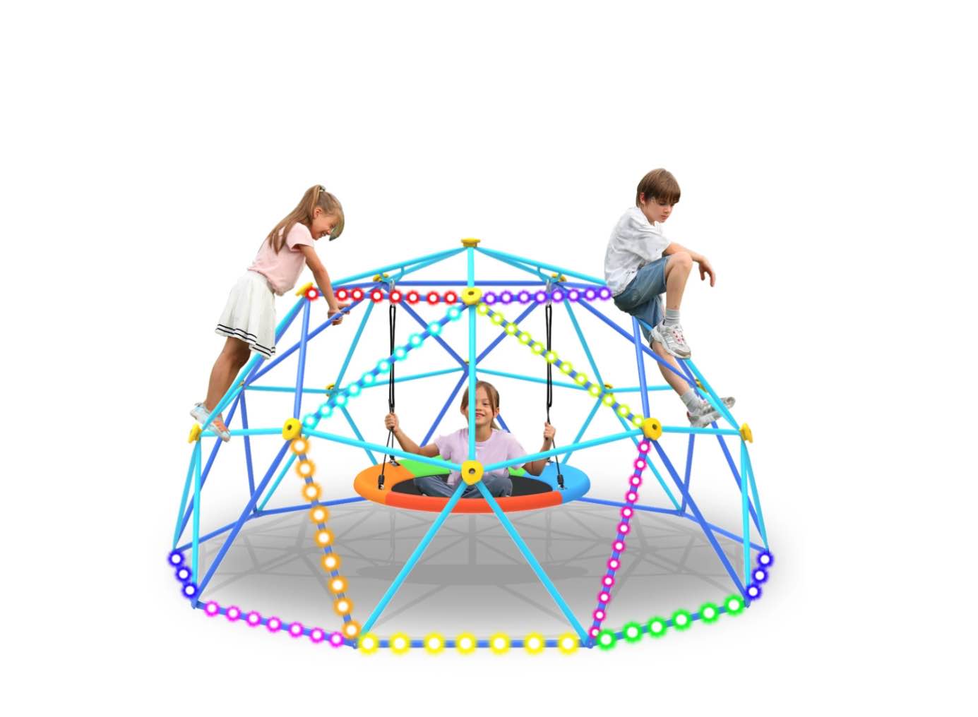 10FT Climbing Dome with Saucer Swing and Led String Light,Fashionsport Outfitters Kids Outdoor Jungle Gym Geometric Climber Domer Outdoor Play Toddler Set for Ages 3-12, Supports up to 880lbs