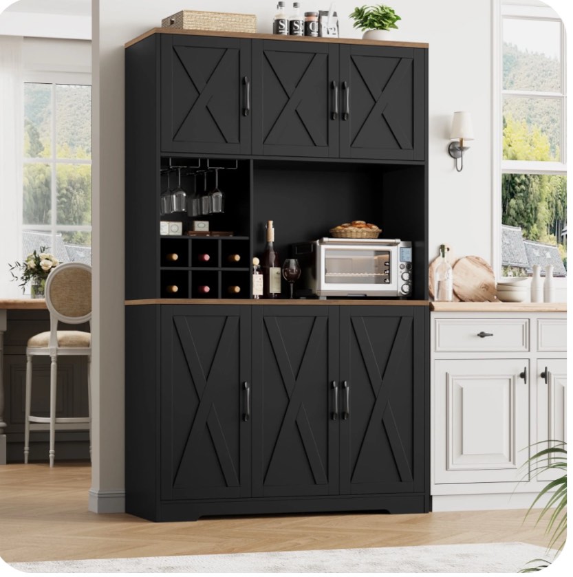 Homfa 70.9'' Tall Kitchen Pantry with Microwave Countertop, Farmhouse Buffet Hutch, Floor 6 Doors Cupboard Storage Cabinet for Dining Room Kitchen, Black