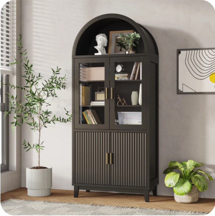 VEANERWOOD 71" Tall Arch Cabinet, Wood Fluted Kitchen Kitchen Storage Cabinet with 4 Doors and 6 Shelves for Dining Room Living Room