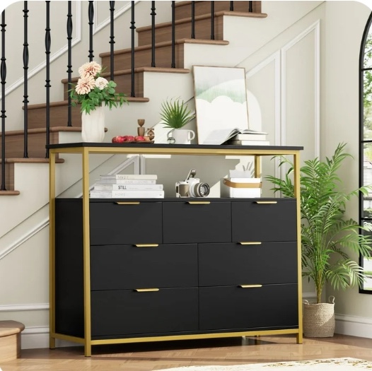Homfa 7 Drawer Double Dresser for Bedroom, Modern 2 Tier Display Shlef Wood Storage Cabinet with Sturdy Metal Frame for Living Room Small Spaces, Black