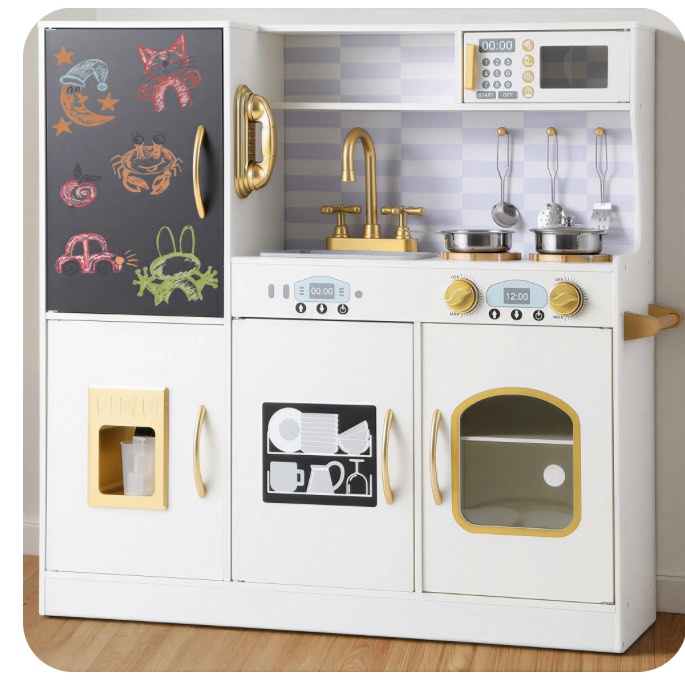coclub play kitchen, wooden kids kitchen playset with chalkboard, ice maker, play phone, cookware accessories, microwave toy kitchen gift for boys girls age 3-8 white