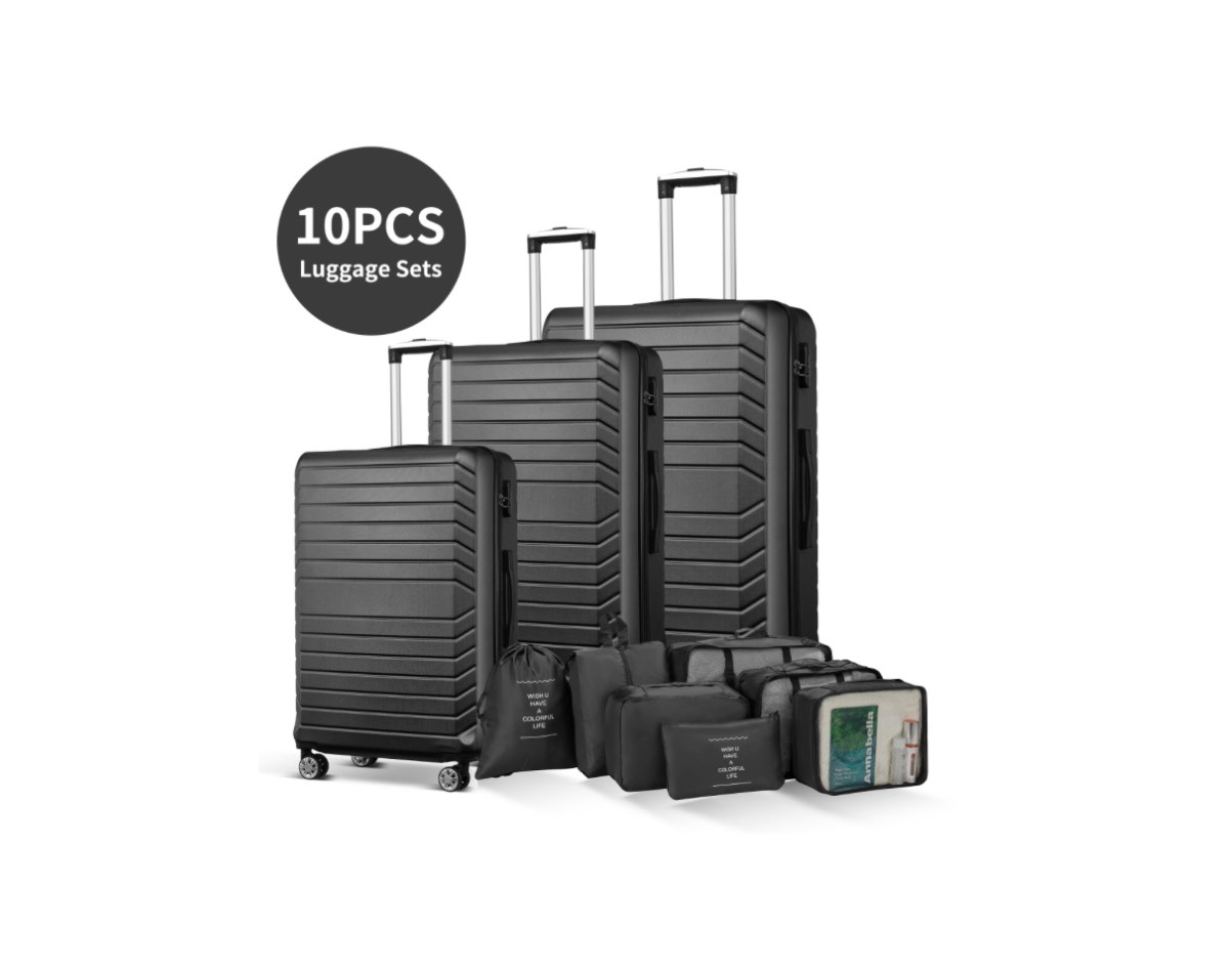 10 piece luggage sets, 20 24 28 inch lightweight harside suitcase with spinner wheels and 7pcs packing cubes(black)
