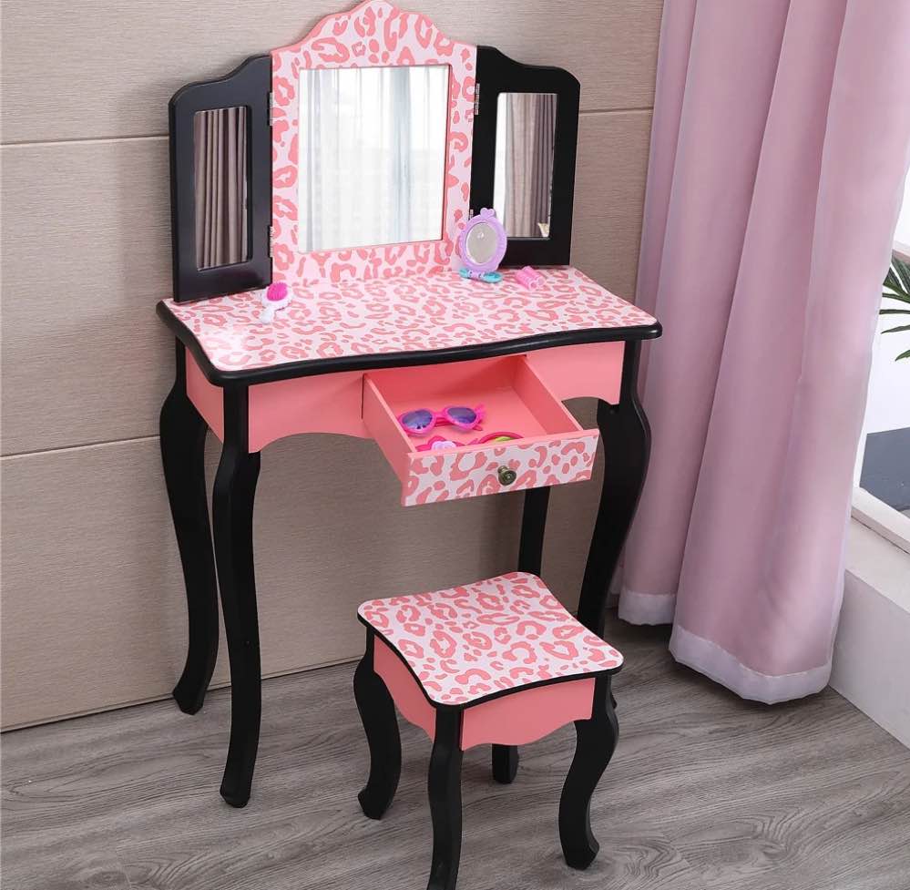 ktaxon kids  wooden vanity table and stool set with 3 mirrors  princess makeup dressing table children s furniture