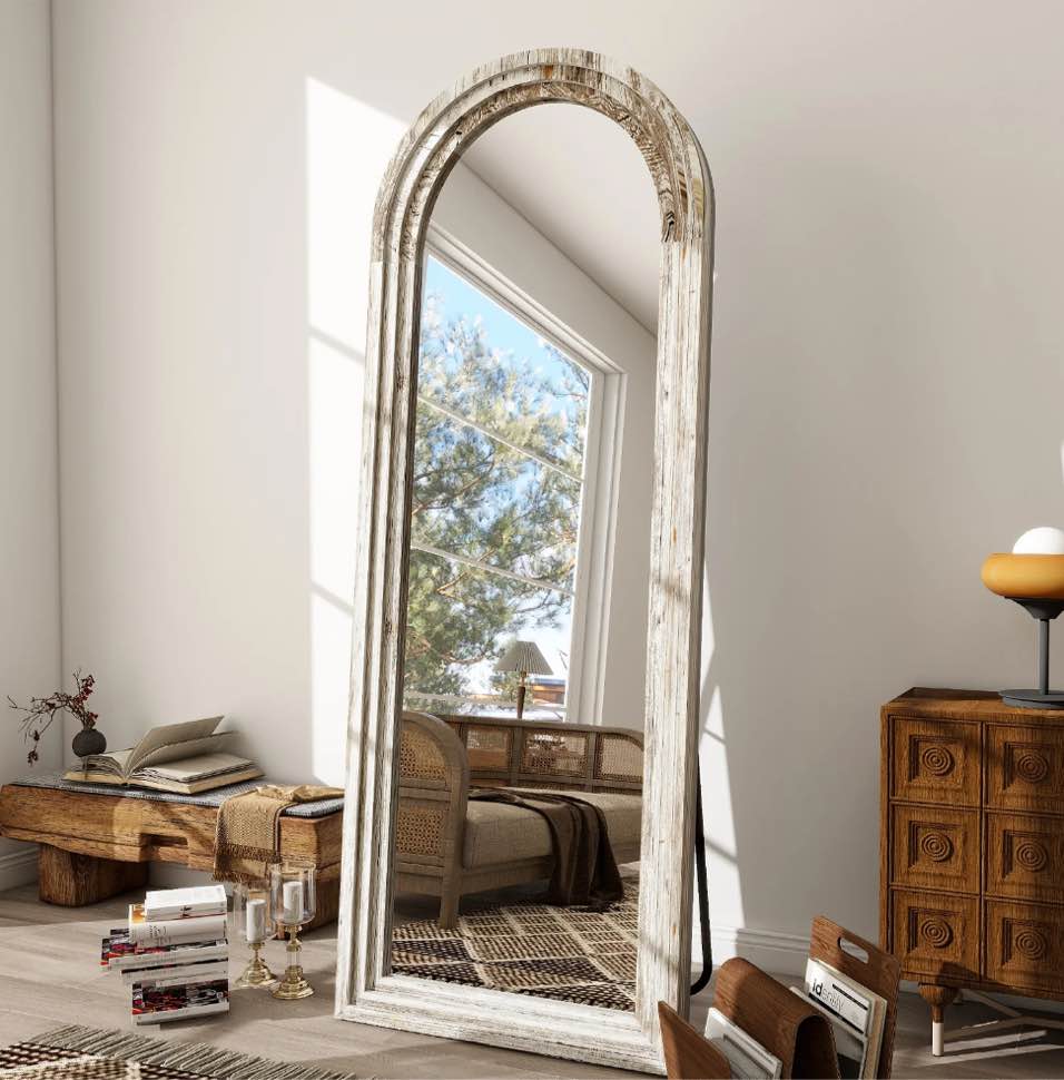 beautypeak 64"x21" arched full length mirror with stand solid wooden framed floor mirror full body mirror,retro white