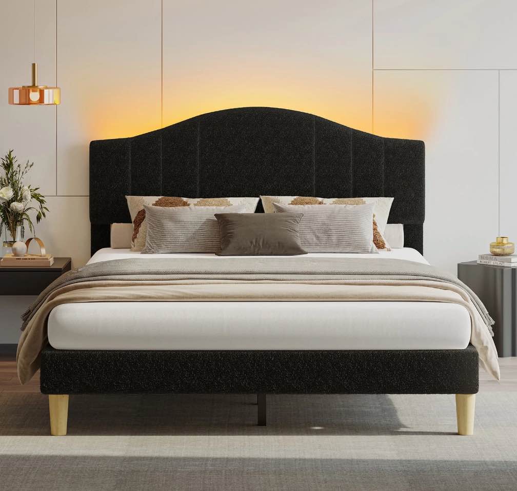 pinmoco queen upholstered bed frame with adjustable arc-shaped headboard, led platform bed, teddy velvet black