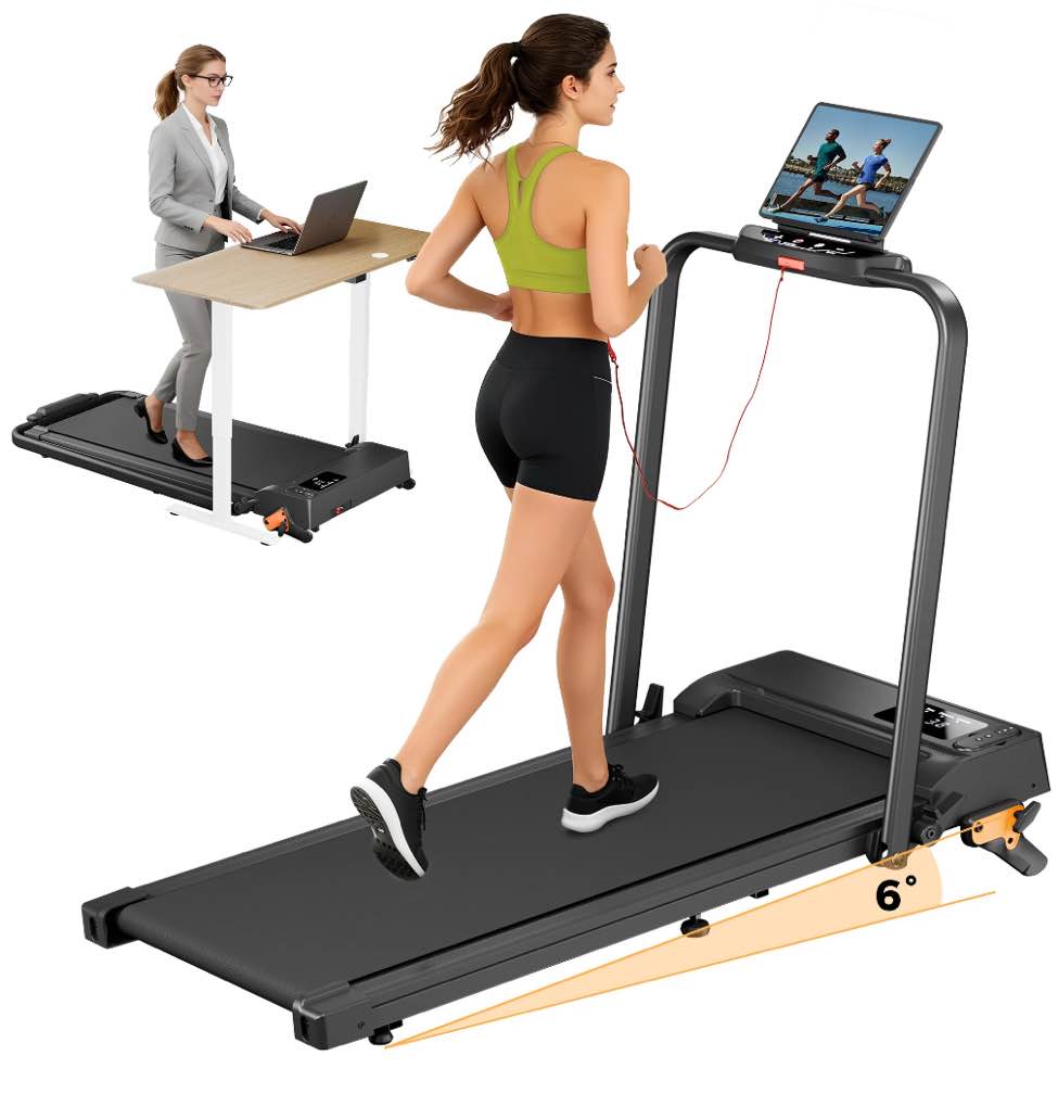 folding treadmill with incline, 2 in 1 portable walking pad with handle bar for home and office, 2.5 hp quiet walking jogging running machine with remote control, led display