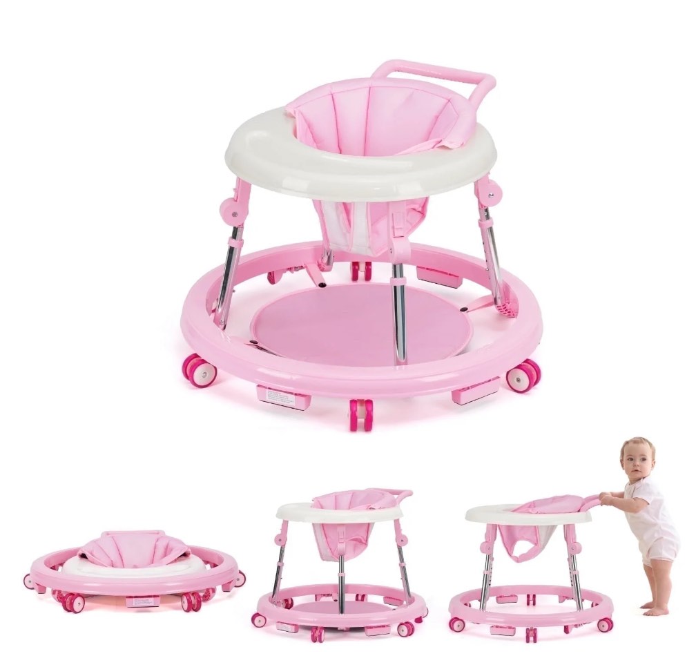 hkai baby walker for infants 6-18 months, one-touch fold with 9 height adjustments, non-slip wheels & safety features, pink