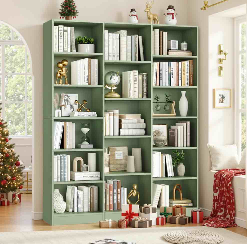 Homfa Triple Row 6-tier Bookshelf, 74 in Tall Bookshelf with 17 Open Display Shelves, Large Bookcase for Office Living Room, Green