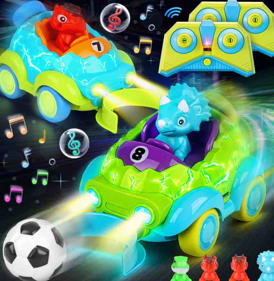 UUSUOO Dinosaur Remote Control Car for Toddlers,2 Pack Rechargeable RC Cars for Kids 3-5 with LED Lights & Music & Soccer Ball,Dinosaur Toys for Ages 2-4, Christmas Birthday Gift for Boys Girls