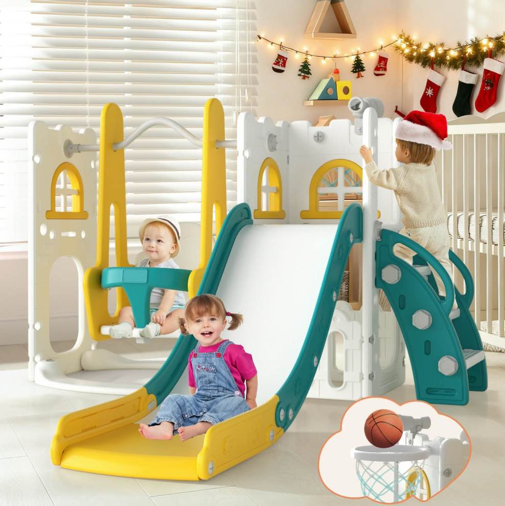 Aikidkit 6-in-1 Toddler Slide PlaySet for kids indoor/outdoor for Toddlers Aged 6-36 Months (Green & Yellow)