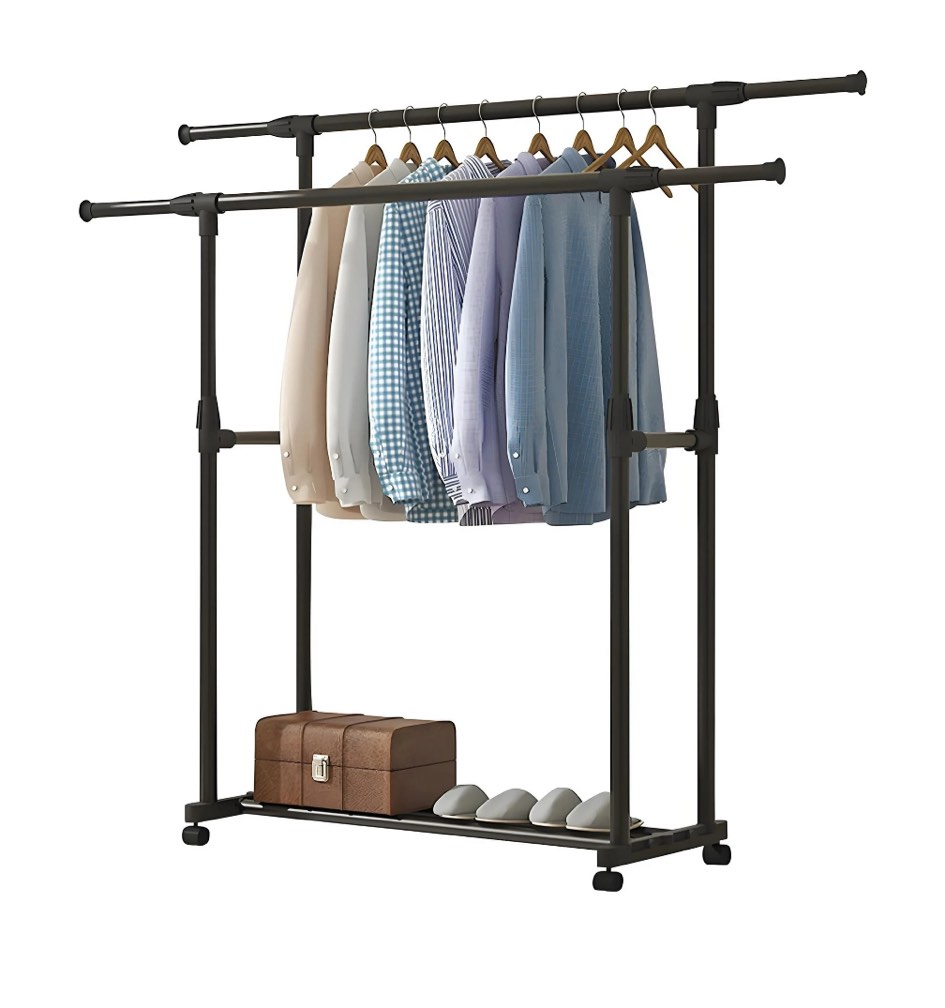 HioHa Double Rods Clothing Rack with Wheels & 2-Tier Shelf  Portable Wardrobe Organizer for Bedroom  Living Room  Black