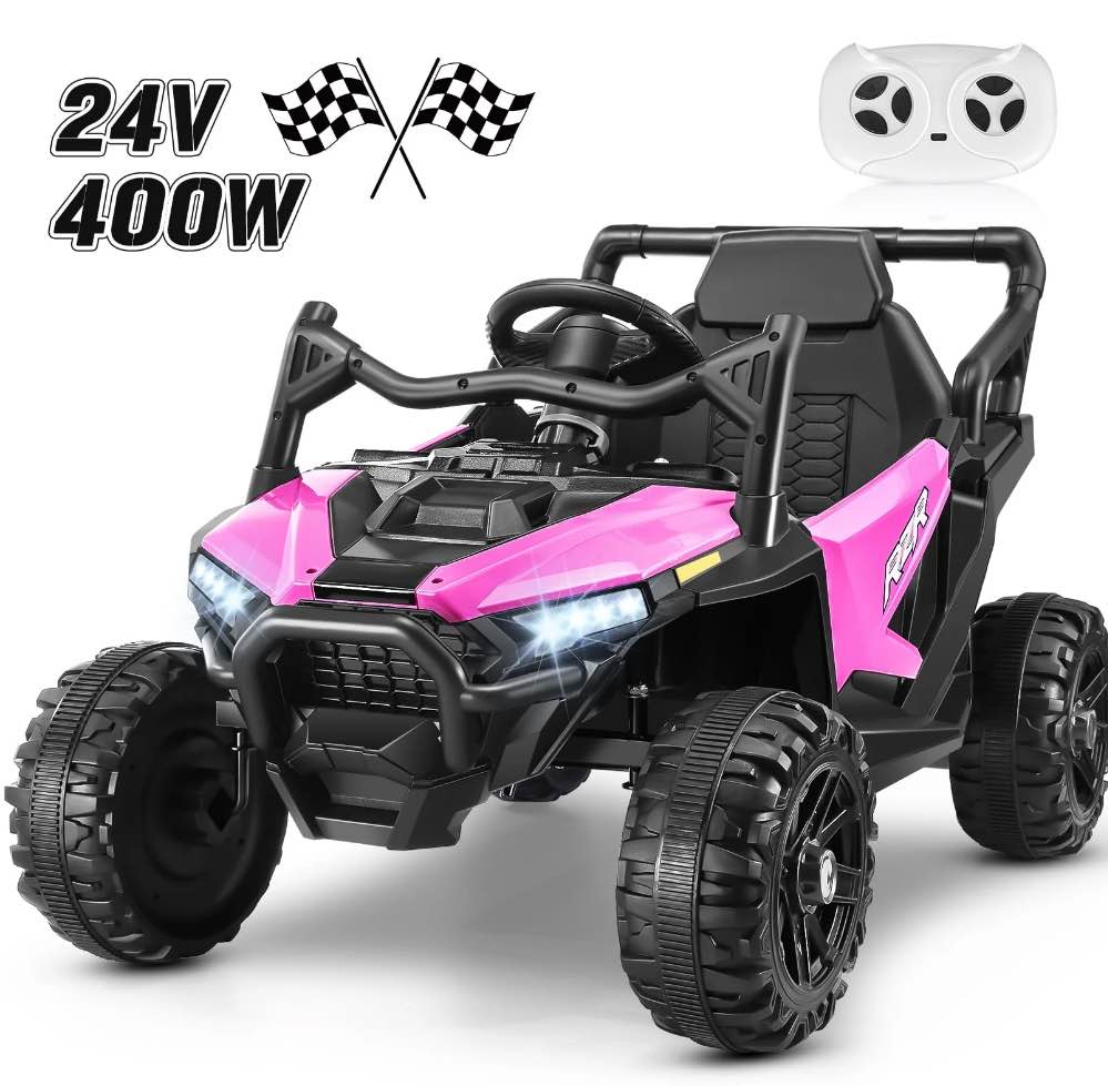 Farmdex 24 Volt Ride on Toys 2 Seater 4WD Ride on Cars with Remote Control  Electric Car for Kids w/ 4x100W  Power Car Wheels for Boys Girls  Kids Ride on Truck w/ Music  LED Light  Bluetooth  Pink