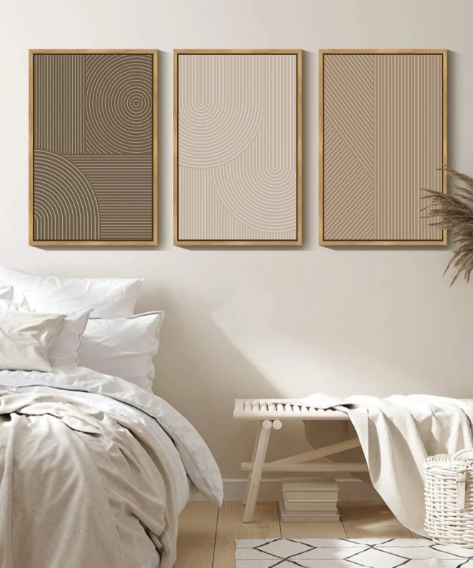 16x24in Natural Framed Minimalist Abstract Framed Wall Art Modern Boho Neutral Line Wall Decor Geometric Artwork Kitchen Dining Room