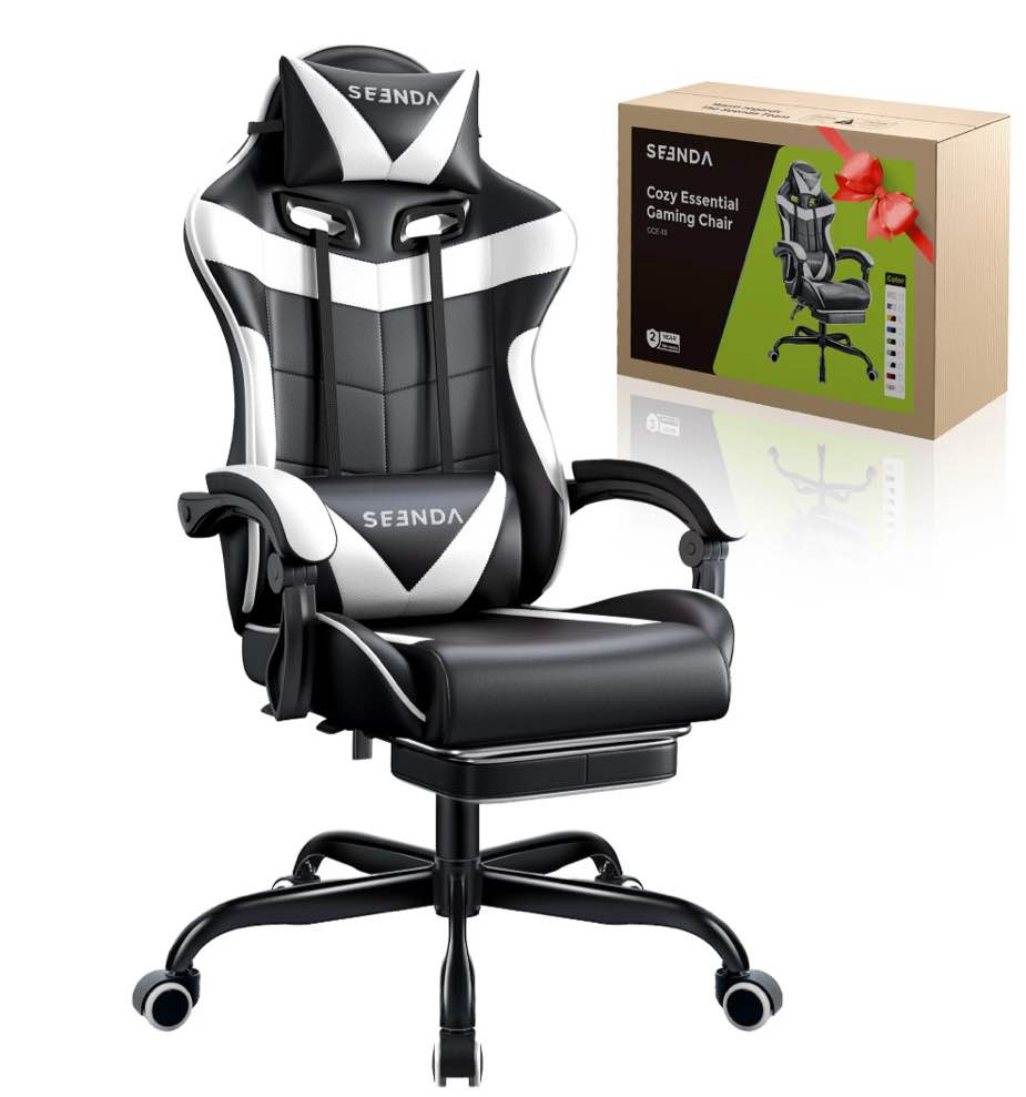 Gaming Chair, Seenda Video Game Chair with Footrest and Lumbar Support, Ergonomic Computer Chair Height Adjustable with Swivel Seat and Headrest, White