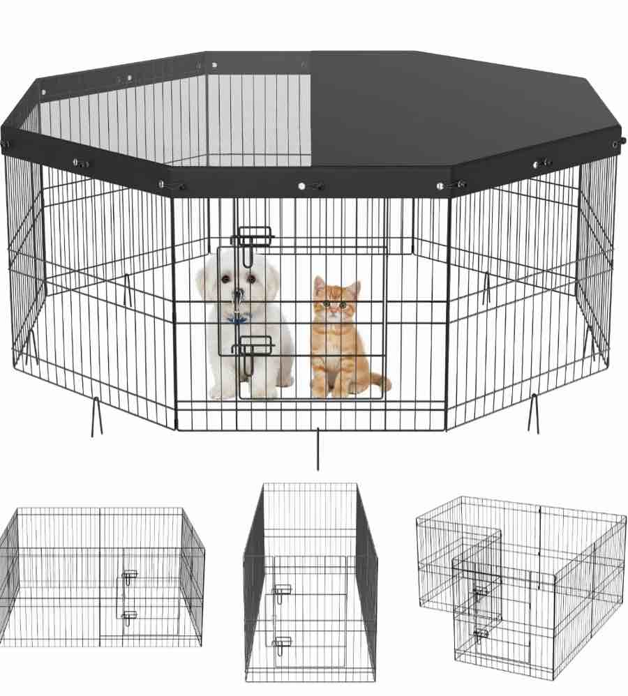 Suchown 24'' Foldable Dog Playpen with Top & 8 Panels, Durable Pet Playpen for Indoor/Outdoor Use, Customizable Shape with UV Protection & Ground Stakes