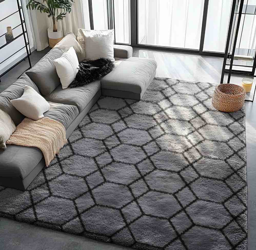 Pentantan 8ft x 10ft Shag Area Rugs for Living Room, Modern Geometric Fluffy Bedroom Carpet, Black & Gray