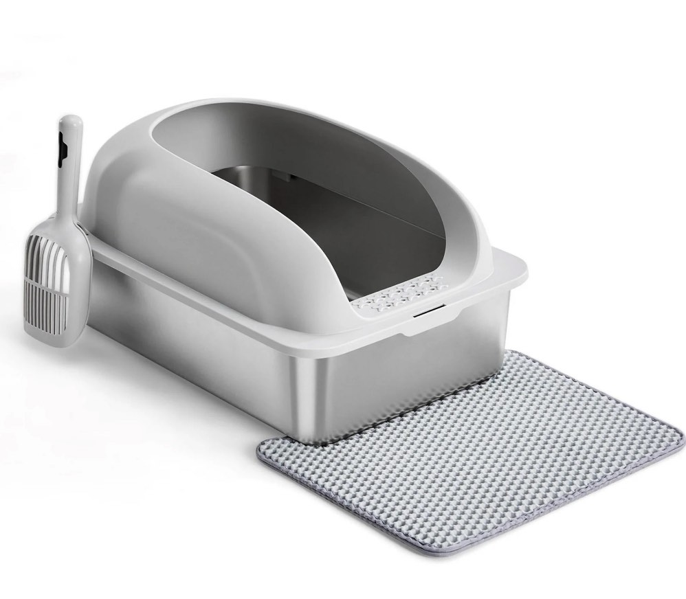 edx stainless steel cat litter box with lid, xl extra large cat litter box for big cats, high wall sides, never absorbs odors, anti-urine leakage, easy cleaning, scoop and mat included, light grey