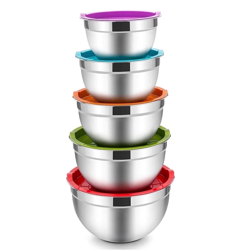 mixing bowls with lids set of 5  vesteel stainless steel mixing bowls metal nesting salad bowls  size 4.5  3  1.5  1  0.7 qt great for cooking  baking  serving - multi-color