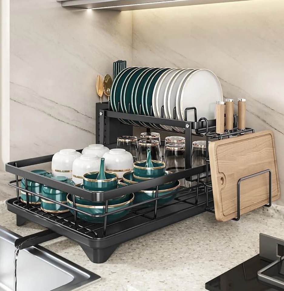 dish drying rack- space-saving dish rack dish racks for kitchen counter stainless steel kitchen drying rack with a cutlery holder 12 w x 17 l black