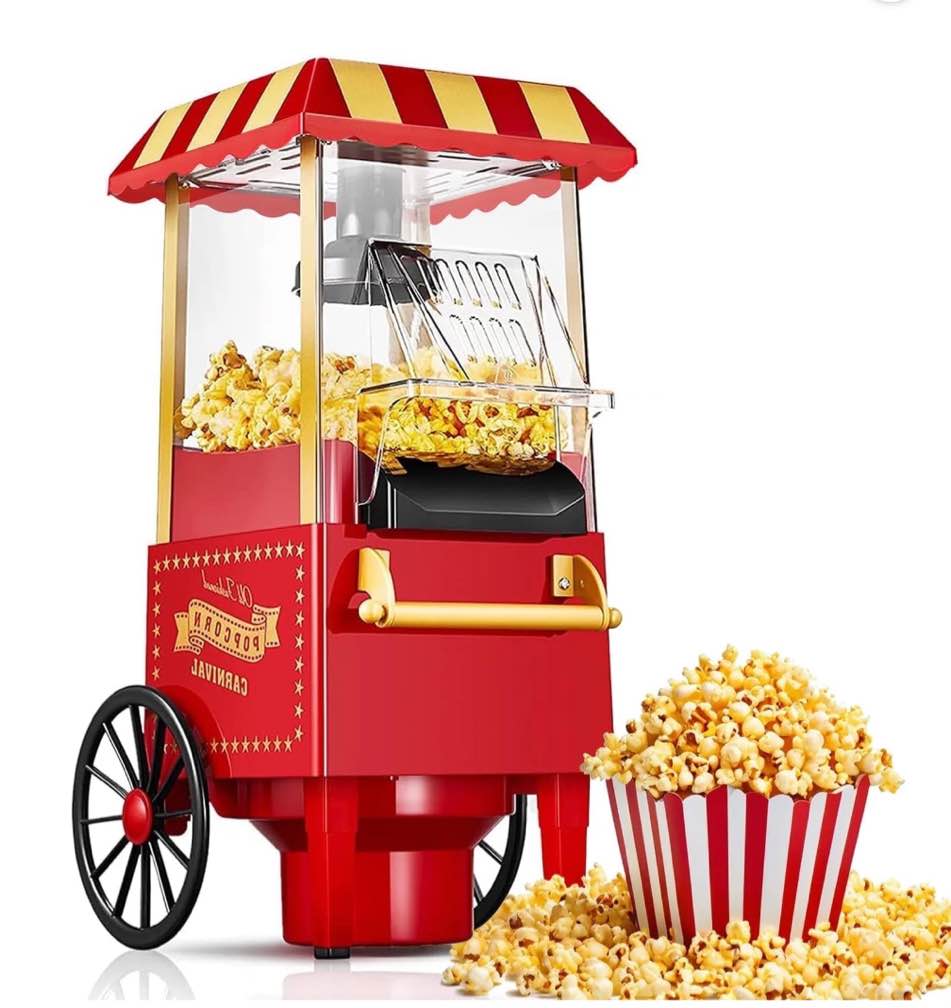 TINANA Vintage Hot Air Popcorn Machine, 1200W Oil-Free Popcorn Maker with Measuring Cup, Compact Countertop Popcorn Popper, 12-Cup Capacity, Red