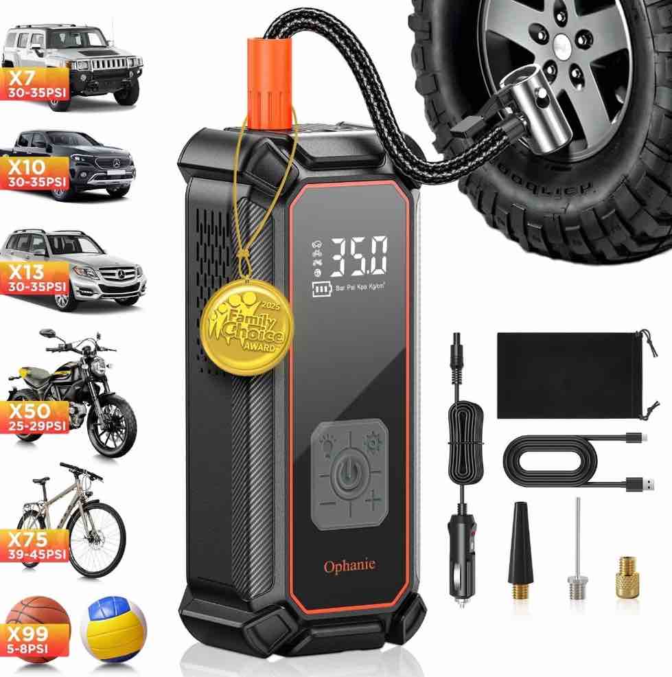Ophanie Cordless Portable Tire Inflator - 160 Psi Digital Pressure Gauge  Air Compressor for Car Tires with Automatic Shutoff  Emergency LED Light  Compact Automotive Pump  Switchable Wired