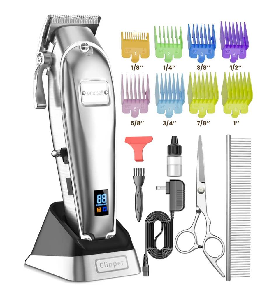 Oneisall Professional Dog Grooming Clippers Kit, 2 Speed Heavy Duty Cordless Hair Shears Trimmers for Thick Heavy Coats,with Metal Blade for Dogs Cats Animals, All Metal Design Pet Clippers Electric