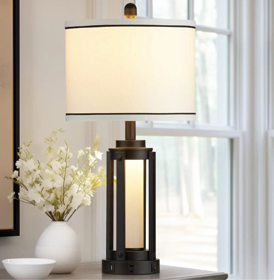 Cinkeda Modern Table Lamp for Bedroom Living Room Single Industrial Black Bedside Nightstand Lamp with USB C+A Ports AC Outlet Nightlight 25" Tall