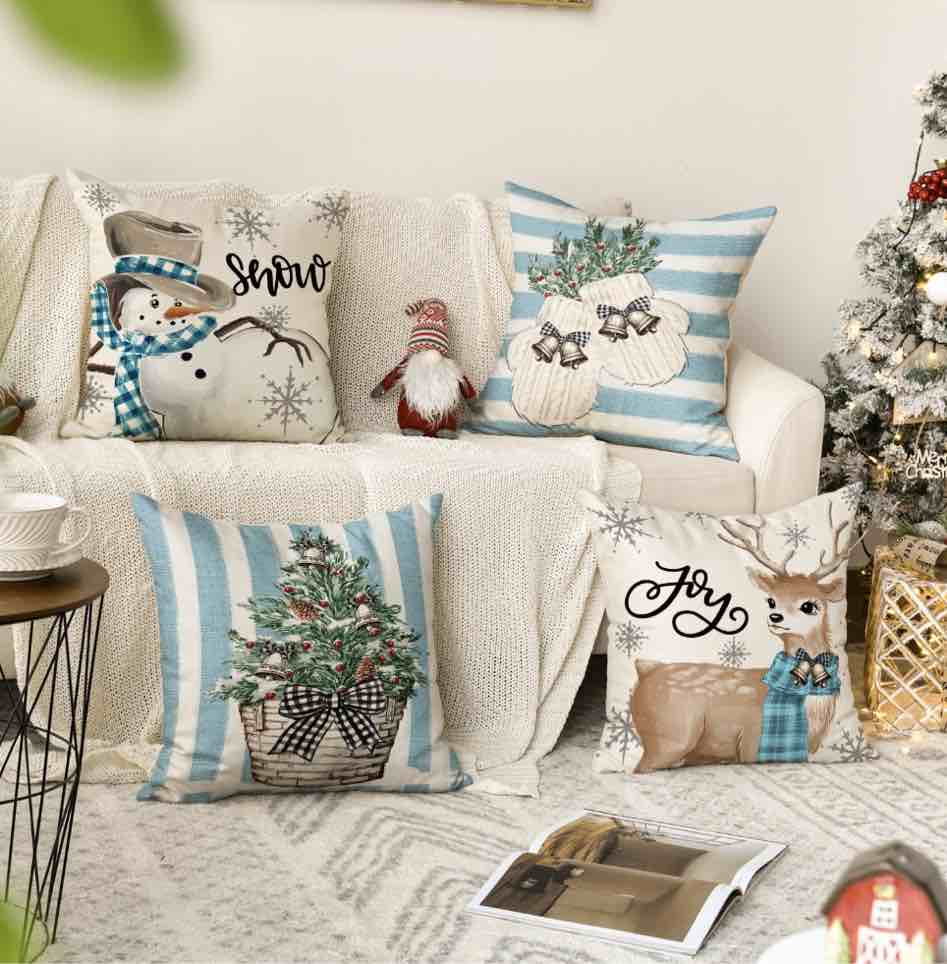 Sm:)e Christmas Snowman Reindeer Gloves Eucalyptus Throw Pillow Covers Blue  20 x 20 Inch Winter Holiday Stripes Cushion Case Decoration for Sofa Couch Set of 4