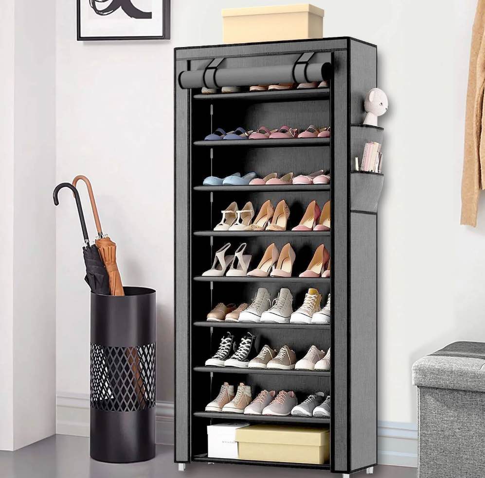 10 Tier Shoe Rack with Covers, Large Capacity Stackable Tall Shoe Organizer Storage, Sturdy Metal Free Standing Shoe Shelf for Closet Entryway Garage