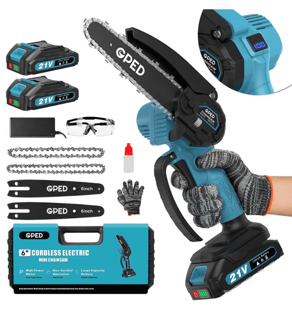 GPED Mini Chainsaw, 6 inch Portable Electric Chainsaw Cordless, Handheld Chain Saw Pruning Shears Chainsaw for Tree Branches, Courtyard, Household and Garden, Blue