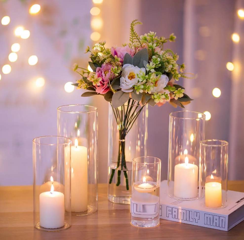 Glasseam Set of 12 Clear Glass Cylinder Vases Hurricane Pillar Candle Holders  6   8  & 10