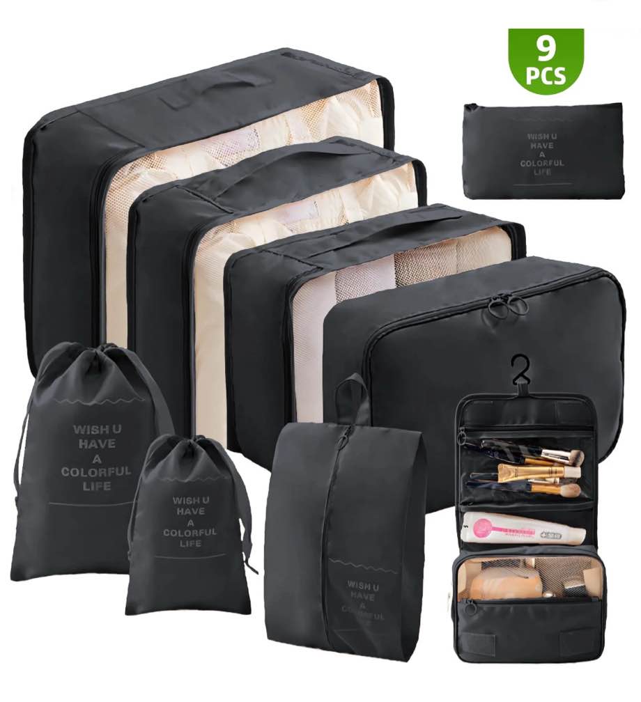 9 set packing cubes for travel, durable luggage organizer set with hanging toiletry bag & shoe bag, perfect gift for women mom, vacation essentials for travel accessories (black)