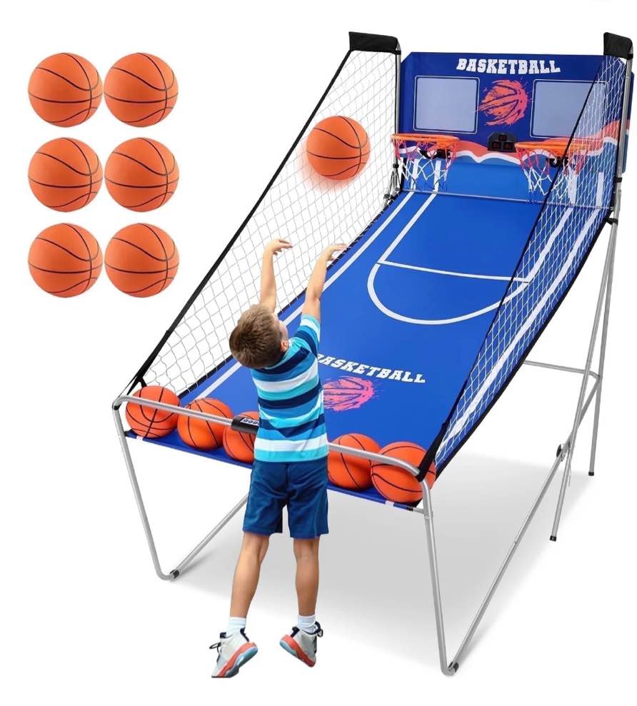 Dual Shot Basketball Arcade Game, Segmart 81"x44" Foldable Indoor Electronic Arcade Basketball Game with 6 Balls, 8 Modes, LED Scoreboard, Air Pump, Battery Powered for Adults, Blue