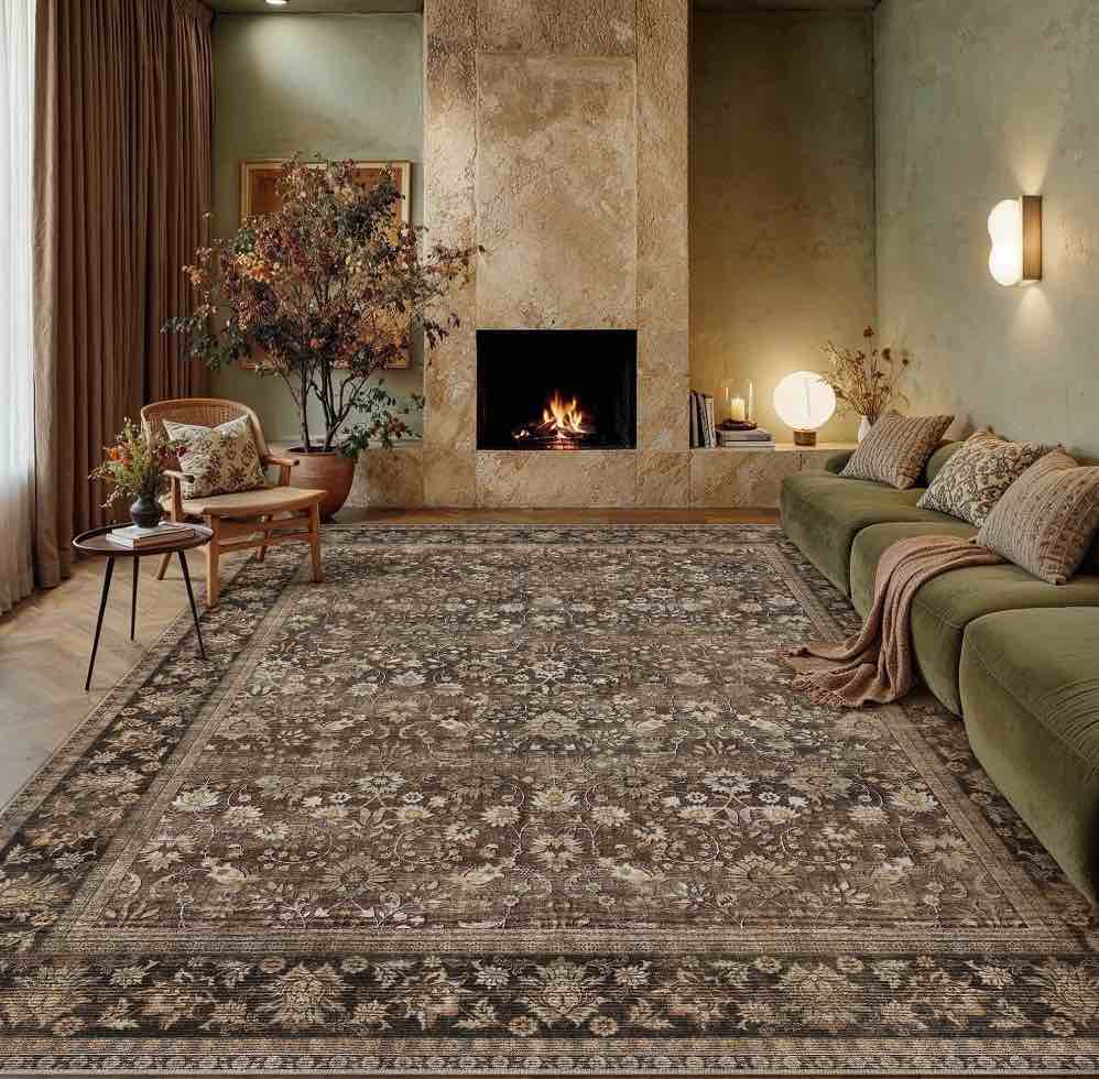 BERTHMEER 8 x10  Large Brown Area Rugs Vintage Oriental Traditional Rugs for Living Room Bedroom Dining Room Farmhouse Machine Washable Non-slip