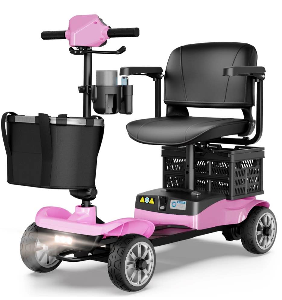 EAGLOG Upgrade 4 Wheels Mobility Scooter with Removable Battery, Compact Heavy Duty Mobile for Travel, Foldable Powered Wheelchair for Adult, 330lbs, Pink