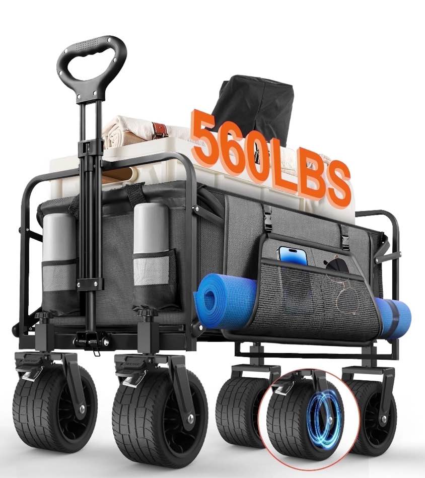 560lbs Large Collapsible Garden Cart with Brakes, Qunler Folding Utility Wagon with Big Wheels and Side Pocket for Camping, Grocery, Grey