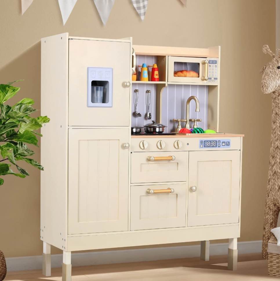 Pirecart Kids Pretend Play Kitchen Set, Wooden Toddler Kitchen Playset Height Adjustable with Realistic Light & Sound and Cooking Accessories, Beige