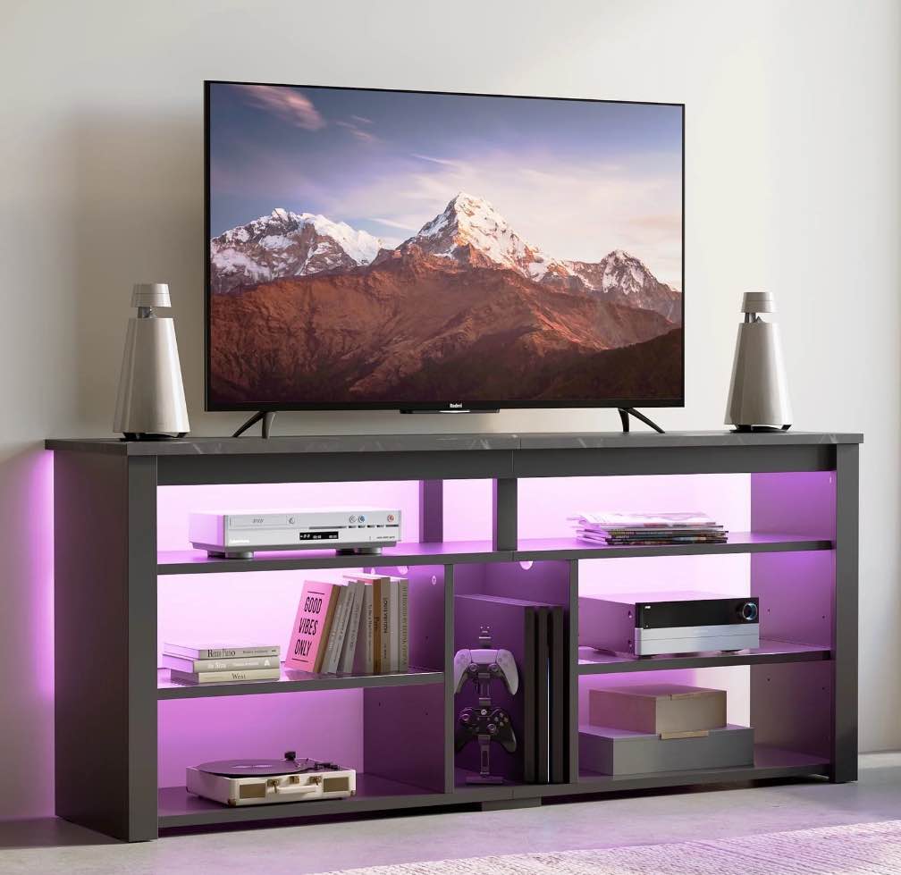 bestier tall tv stand for 65" tvs,entertainment center with ps5 storage,led tv stands for living room,tv console with adjustable storage shelf,black marble tv stand