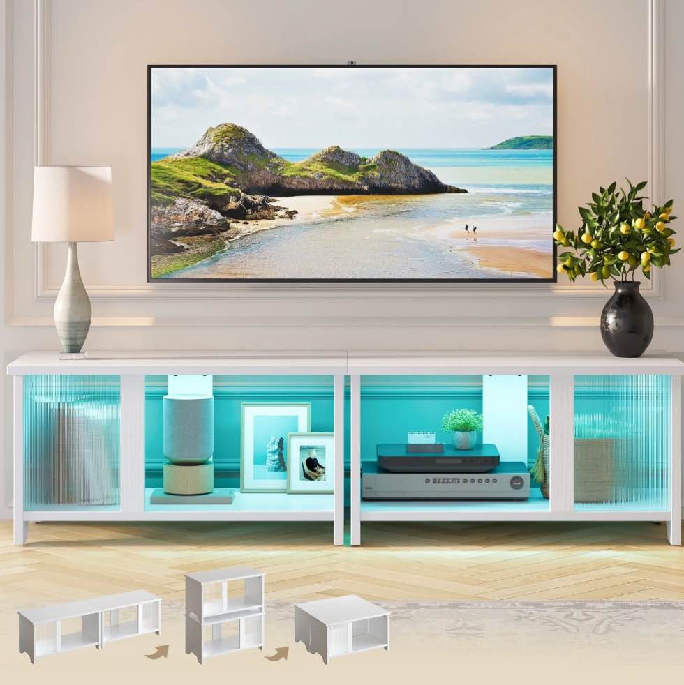 pinmoco led tv stand for tvs up to 65'', expandable side by side or stacking tv stand with storage, white