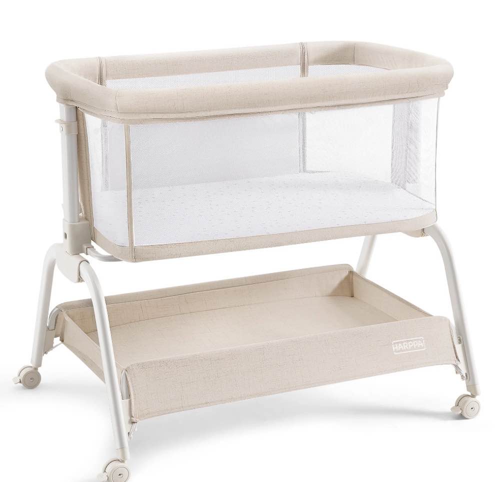 harppa baby bassinet, 6 height adjustable baby bassinet with storage & wheels for infants, beige